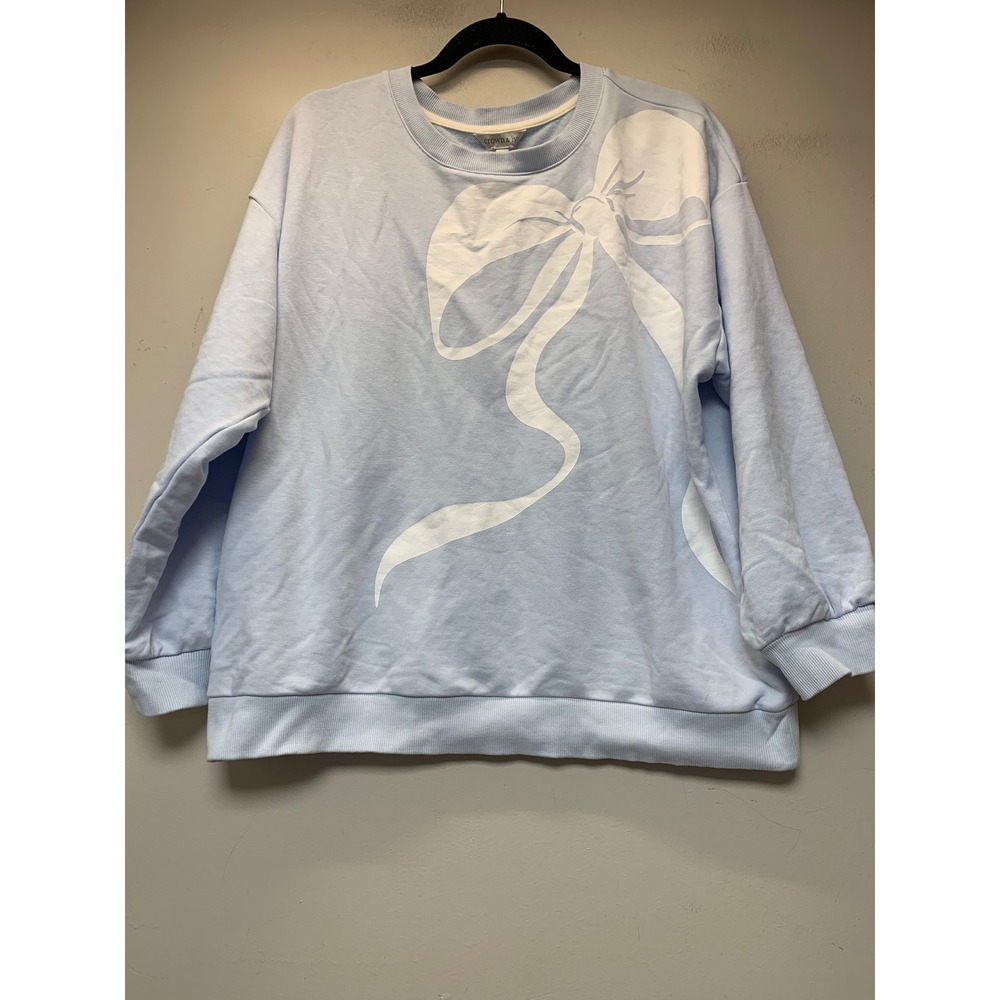 Crown & Ivy Sweatshirt Womens PL Blue NWT Bow Graphic Pullover Petite Large